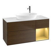 V&B Meuble sous lavabo Finion 120 cm, blanc mat, poignée or mat, noyer veinée