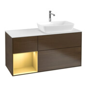 V&B Meuble sous lavabo Finion 120 cm, blanc mat, poignée or mat, noyer veinée