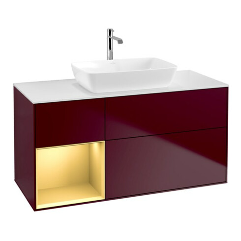 V&B Meuble sous-lavabo Finion 120 cm, blanc mat, poignée or mat, pieds m