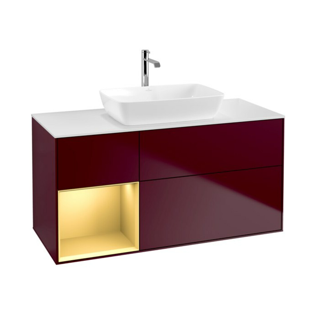 V&B Meuble sous-lavabo Finion 120 cm, blanc mat, poignée or mat, pieds m