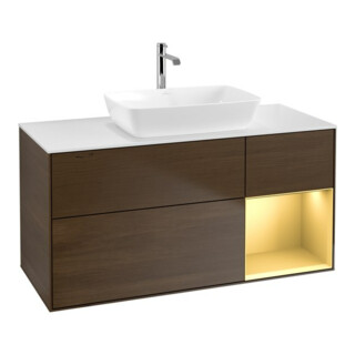 V&B Meuble sous lavabo Finion 120 cm, blanc mat, poignée or mat, placage noyer