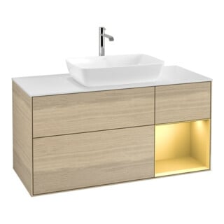V&B Meuble sous-lavabo Finion 120 cm, blanc mat, poignée or mat, tiroir ven