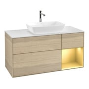 V&B Meuble sous-lavabo Finion 120 cm, blanc mat, poignée or mat, tiroir ven