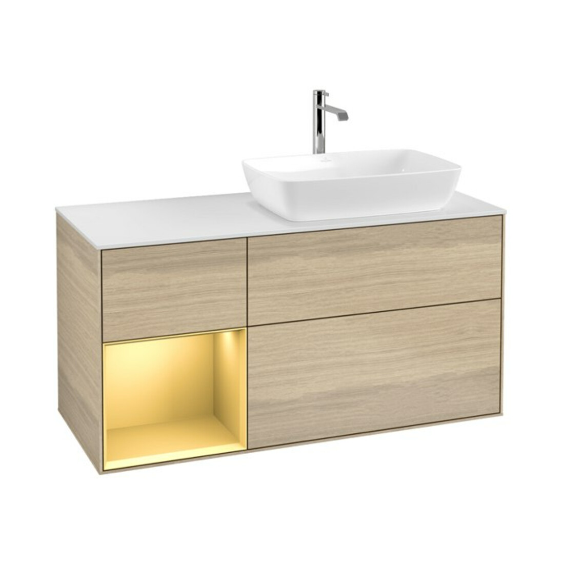 V&B Meuble sous lavabo Finion 120 cm, blanc mat, poignée or mat, tiroir ven