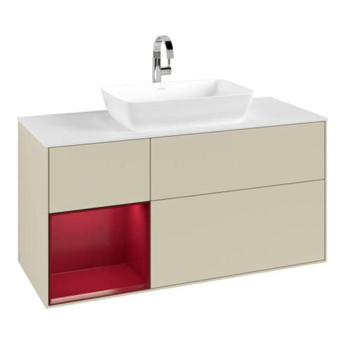 V&B Meuble sous lavabo Finion 120 cm, blanc mat, poignée profilée mate laquée, gris soie mate laquée