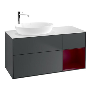 V&B Meuble sous lavabo Finion 120 cm, blanc mat, poignée profilée métal, avec tiroir mat laqué bleu