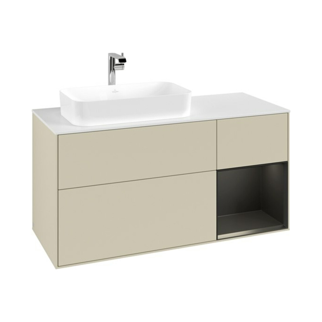 V&B Meuble sous lavabo Finion 120 cm, blanc mat, poignée rouge brillant, gris mat brillant