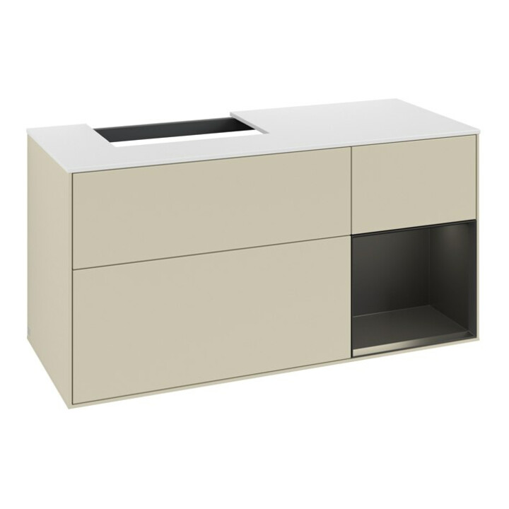 V&B Meuble sous-lavabo Finion 120 cm, blanc mat, poignée rouge brillant, gris mat brillant
