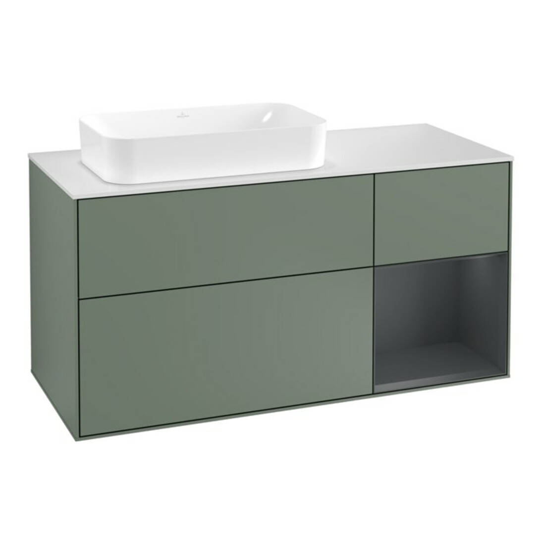 V&B Meuble sous lavabo Finion 120 cm, blanc mat, poignée rouge, laqué mat, olivier mat