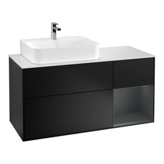 V&B Meuble sous lavabo Finion 120 cm, blanc mat, poignée rouge mat, laqué bleu mat