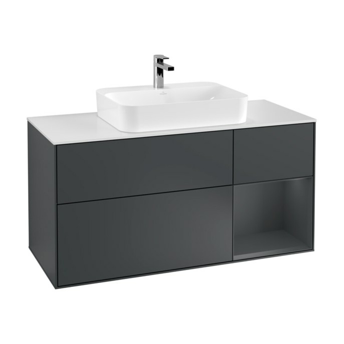 V&B Meuble sous lavabo Finion 120 cm, blanc mat, poignée rouge mat laquée, rouge mat laquée