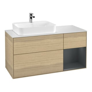 V&B Meuble sous lavabo Finion 120 cm, blanc mat, poignée rouge, miroir bleu avec laque, ouverture à ventouse