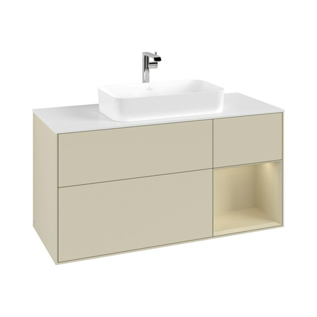 V&B Meuble sous-lavabo Finion 120 cm, blanc mat, poignée rouge satinée, laquée satinée