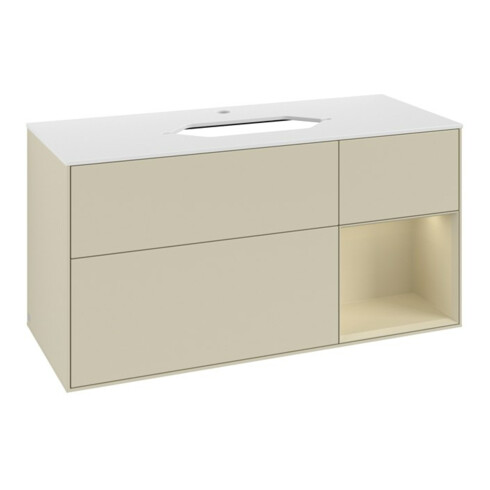 V&B Meuble sous-lavabo Finion 120 cm, blanc mat, poignée rouge satinée, laquée satinée