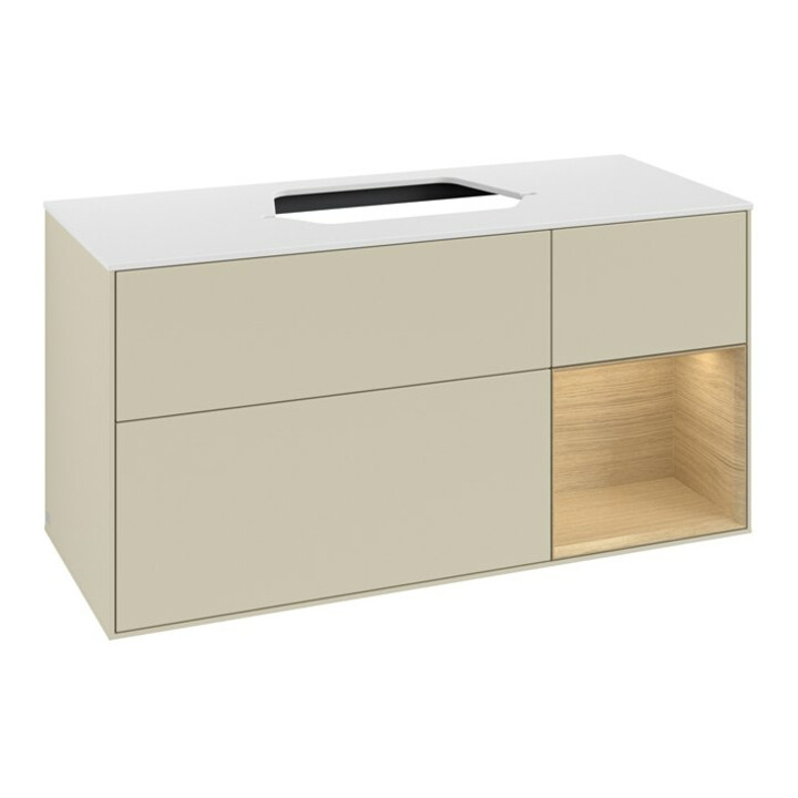 V&B Meuble sous lavabo Finion 120 cm, blanc mat, porte à droite, gris mat laqué