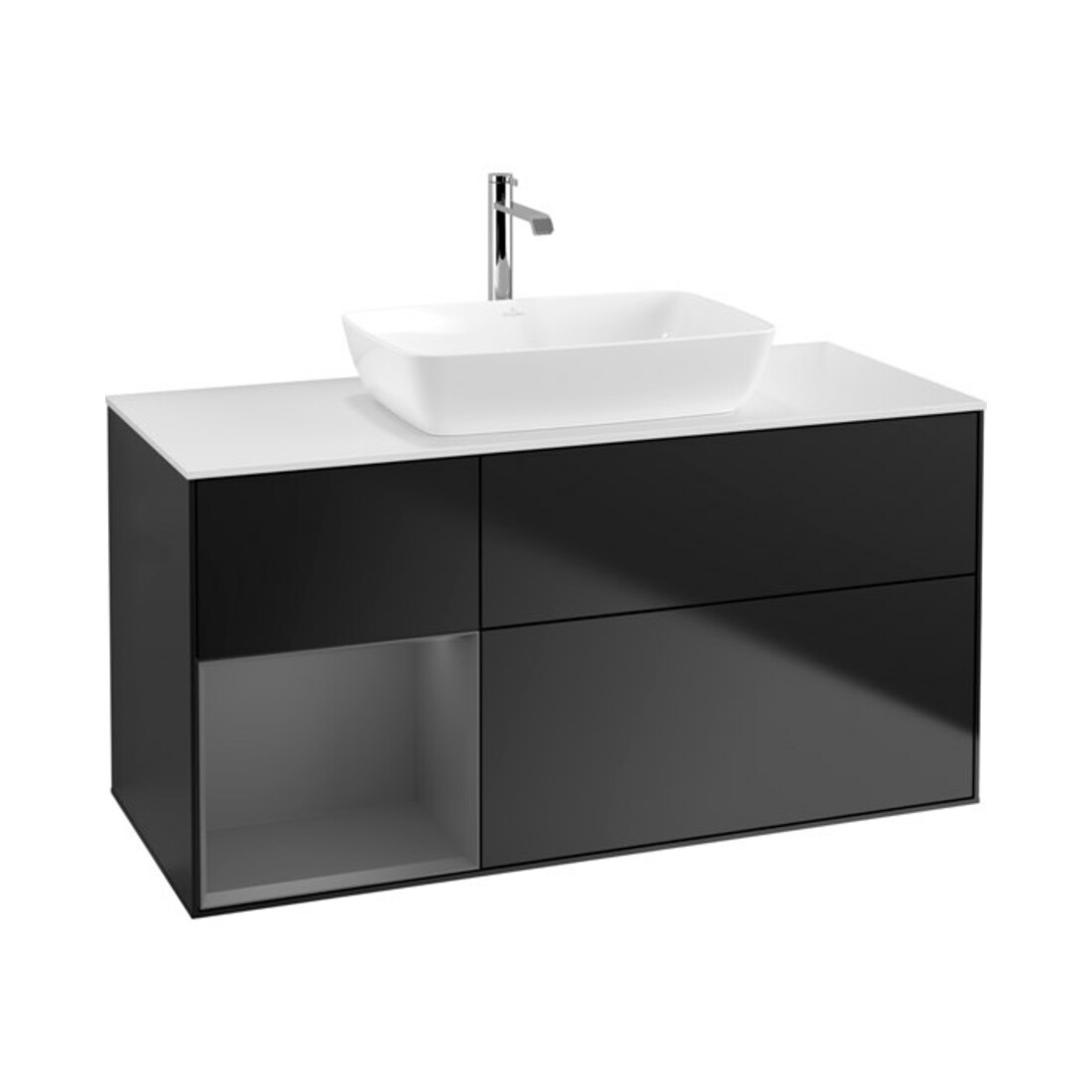 V&B Meuble sous lavabo Finion 120 cm, blanc mat, porte à gauche mat laqué, bleu mat laqué