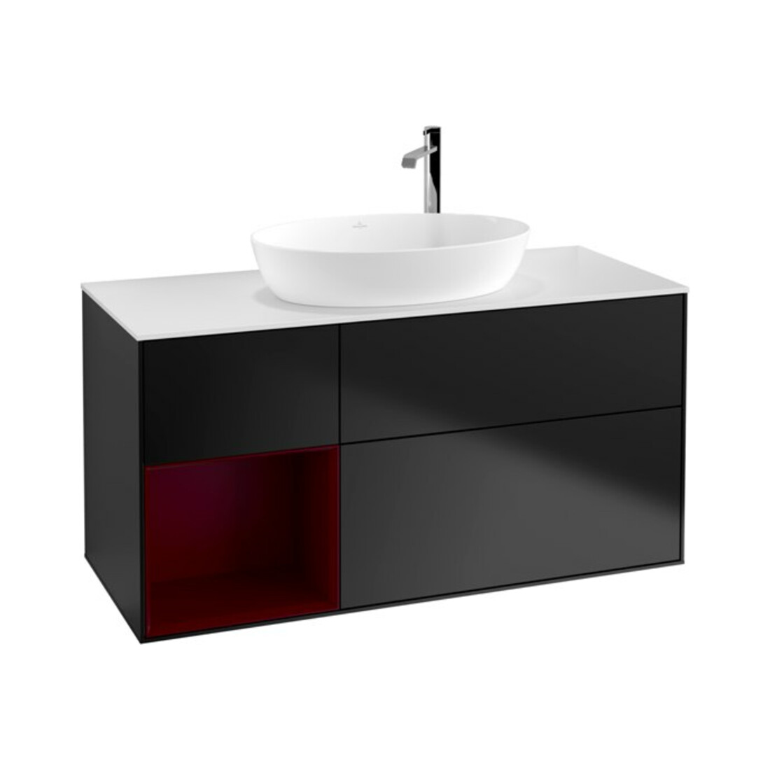 V&B Meuble sous lavabo Finion 120 cm, blanc mat, porte à rainure, bleu mat