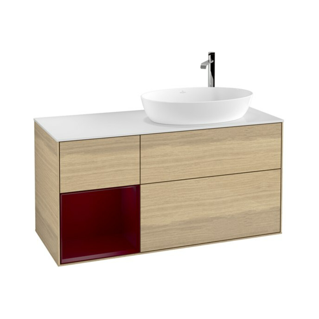 V&B Meuble sous lavabo Finion 120 cm, blanc mat, porte avec laque, éclairage mural
