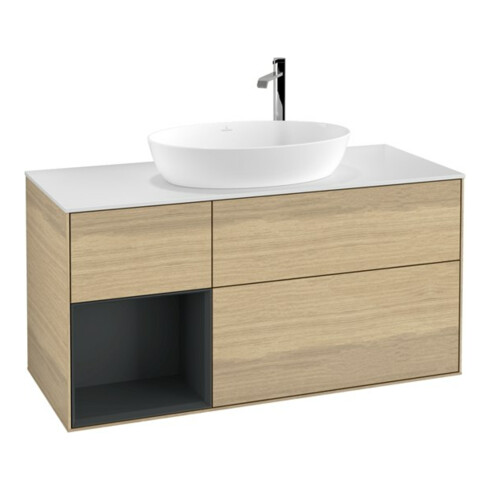 V&B Meuble sous lavabo Finion 120 cm, blanc mat, porte avec laque, poignée ven