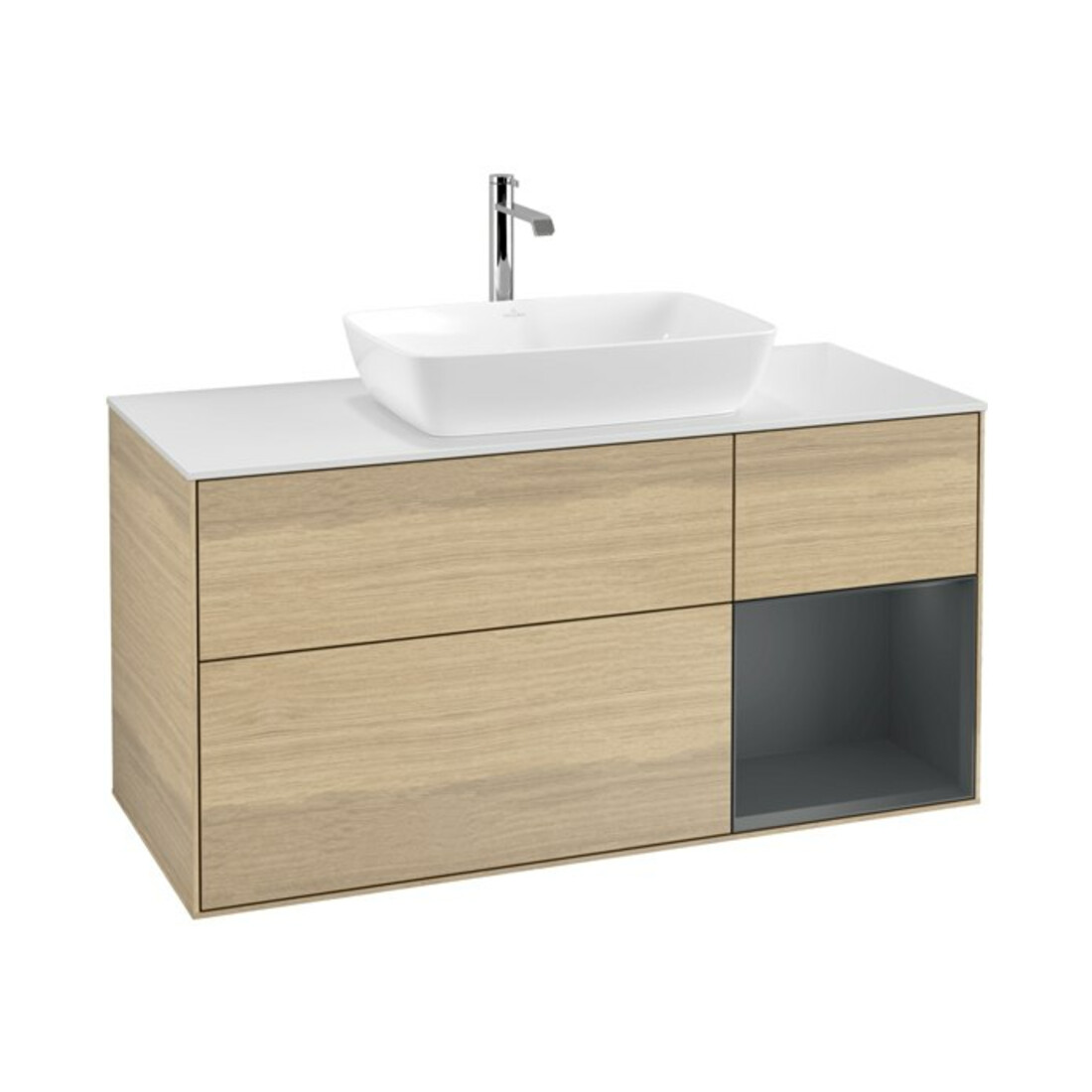 V&B Meuble sous lavabo Finion 120 cm, blanc mat, porte avec laque, poignée ven