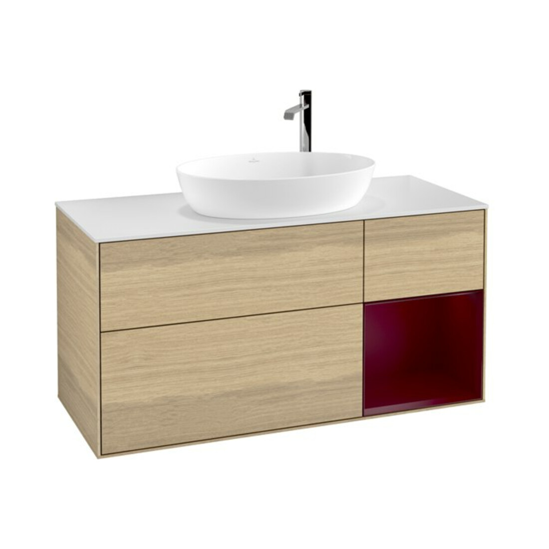 V&B Meuble sous lavabo Finion 120 cm, blanc mat, porte battante avec laque, poignée ven