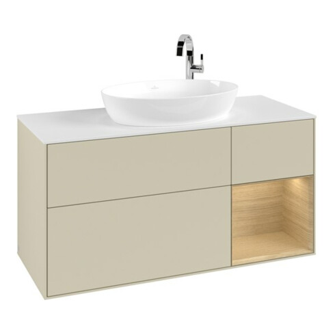 V&B Meuble sous-lavabo Finion 120 cm, blanc mat, porte battante, poignée argent mat laquée