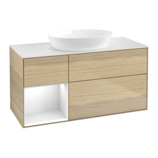 V&B Meuble sous lavabo Finion 120 cm, blanc mat, porte blanche laquée, poignée aluminium venetian