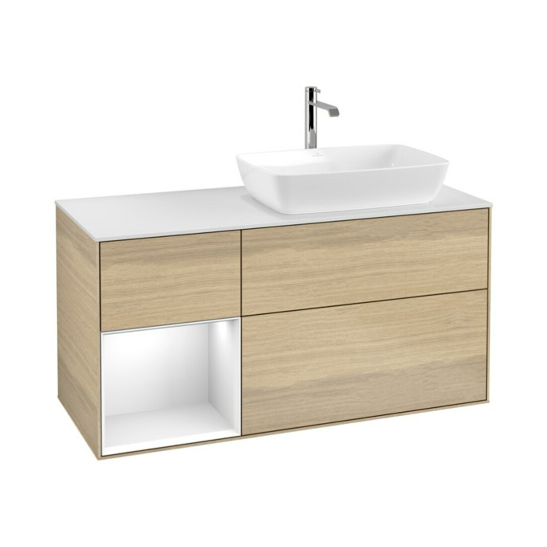 V&B Meuble sous lavabo Finion 120 cm, blanc mat, porte blanche laquée, poignée ven