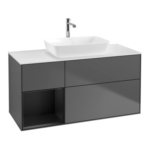 V&B Meuble sous lavabo Finion 120 cm, blanc mat, porte bleue mat, anthracite m