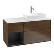 V&B Meuble sous-lavabo Finion 120 cm, blanc mat, porte bleue mat laquée, noyer veinée