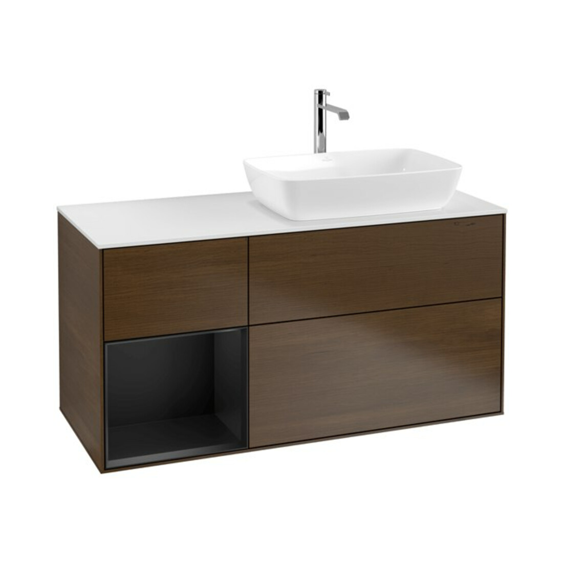 V&B Meuble sous-lavabo Finion 120 cm, blanc mat, porte bleue mat laquée, noyer veinée