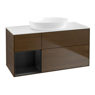 V&B Meuble sous lavabo Finion 120 cm, blanc mat, porte bleue mat laquée, noyer veinée
