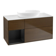 V&B Meuble sous lavabo Finion 120 cm, blanc mat, porte bleue mat laquée, noyer veinée