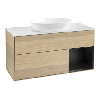 V&B Meuble sous lavabo Finion 120 cm, blanc mat, porte bleue mat laquée, ouverture à venetian