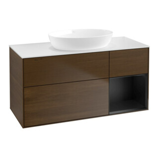 V&B Meuble sous lavabo Finion 120 cm, blanc mat, porte bleue mate, placage noyer