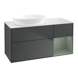 V&B Meuble sous lavabo Finion 120 cm, blanc mat, porte chêne huilé mat laqué bleu mat laqué