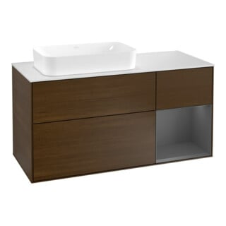 V&B Meuble sous lavabo Finion 120 cm, blanc mat, porte droite anthracite avec poignée bois de noyer