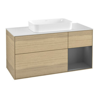 V&B Meuble sous lavabo Finion 120 cm, blanc mat, porte droite anthracite mat, ouvertures ven