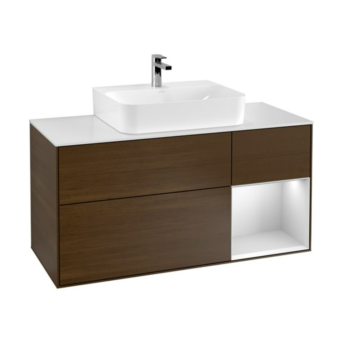 V&B Meuble sous lavabo Finion 120 cm, blanc mat, porte droite, laqué, noyer veinée