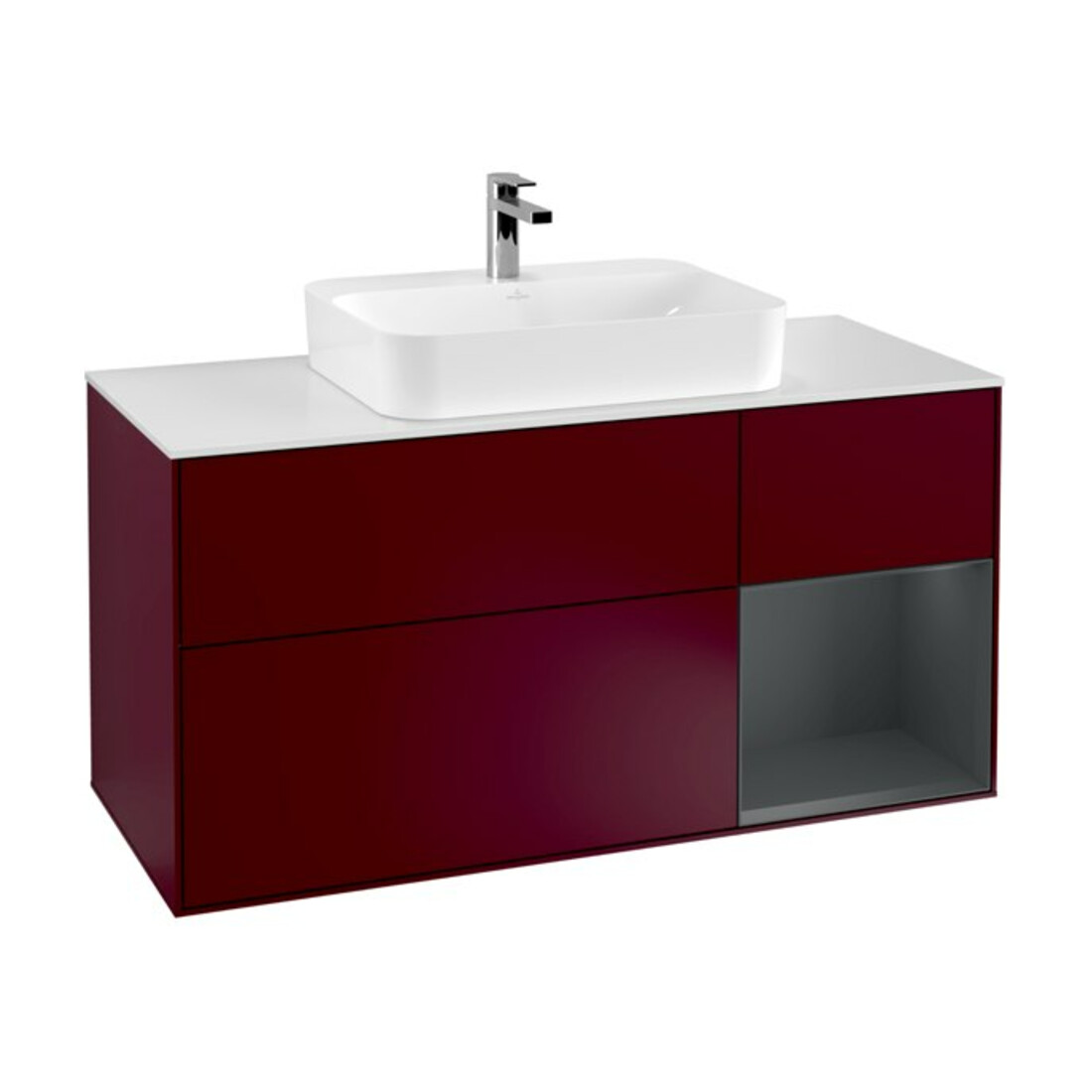 V&B Meuble sous lavabo Finion 120 cm, blanc mat, porte droite médiane bleue avec laque, poignée métal