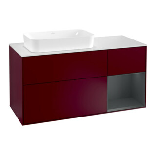 V&B Meuble sous lavabo Finion 120 cm, blanc mat, porte droite milieu bleu mat, poignée métal