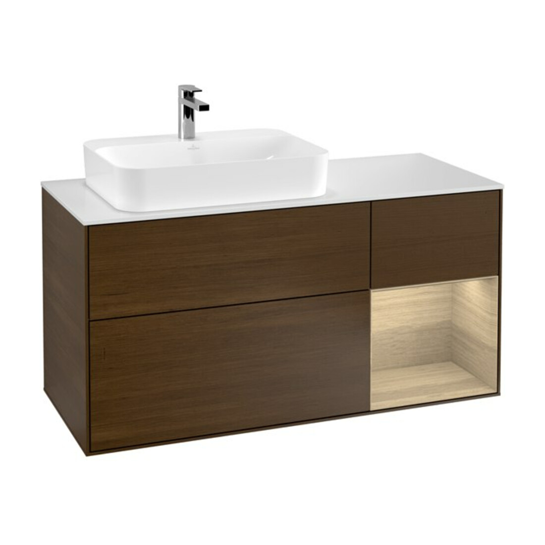 V&B Meuble sous lavabo Finion 120 cm, blanc mat, porte droite, noyer veinée