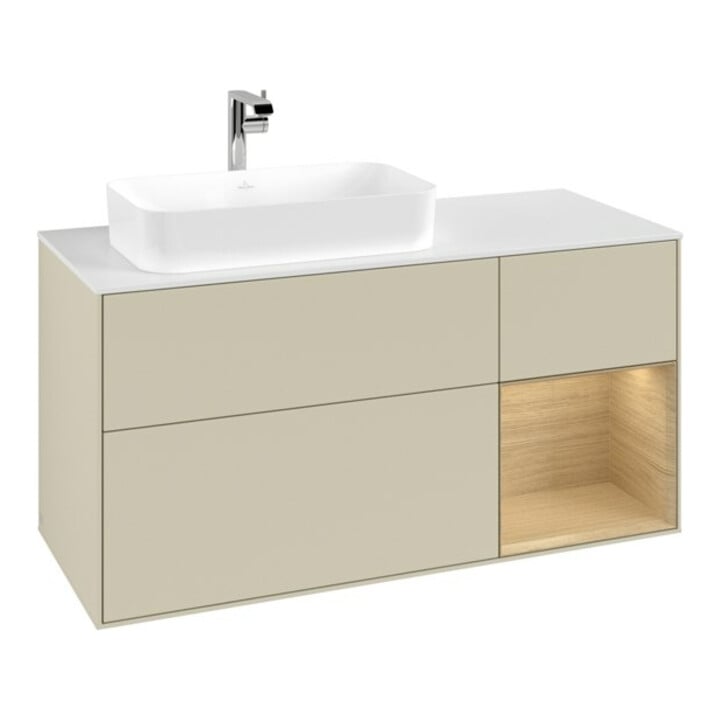 V&B Meuble sous lavabo Finion 120 cm, blanc mat, porte droite, poignée argent mat laqué