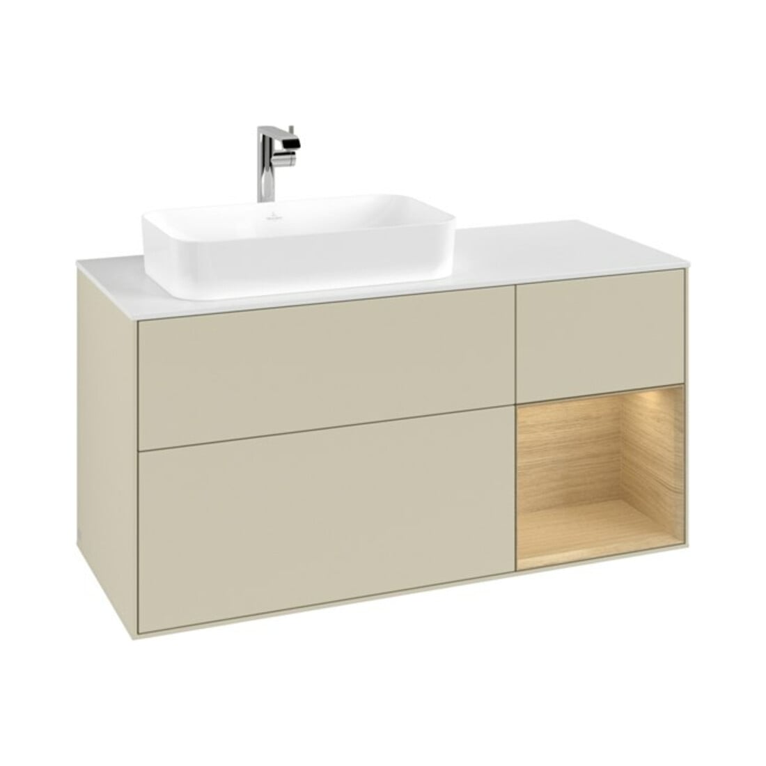 V&B Meuble sous lavabo Finion 120 cm, blanc mat, porte droite, poignée argent mat laqué