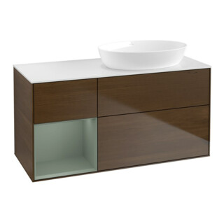 V&B Meuble sous lavabo Finion 120 cm, blanc mat, porte en chêne huilé avec laque, veinage noyer