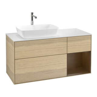 V&B Meuble sous-lavabo Finion 120 cm, blanc mat, porte en noyer verni, tiroir en noyer verni