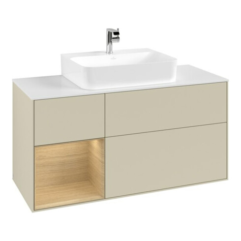 V&B Meuble sous lavabo Finion 120 cm, blanc mat, porte gauche, gris mat laqué