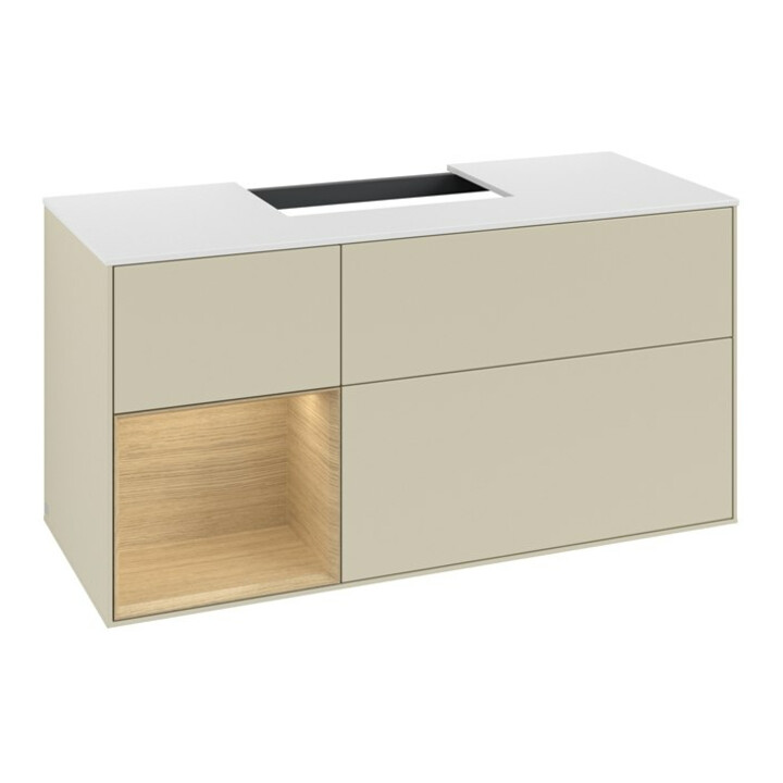 V&B Meuble sous lavabo Finion 120 cm, blanc mat, porte gauche, gris mat laqué