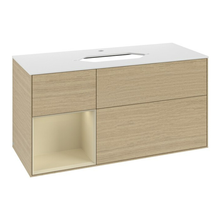 V&B Meuble sous lavabo Finion 120 cm, blanc mat, porte gauche, gris mat laqué, ouverture assistée