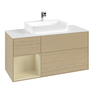 V&B Meuble sous lavabo Finion 120 cm, blanc mat, porte gauche, gris mat laqué, ouverture assistée